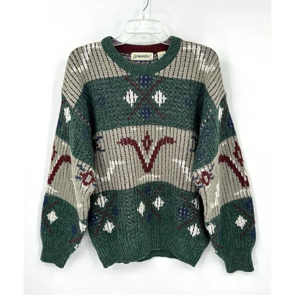 vintage 90s CREWNECK GRAPHIC PRINT SWEATER pullover chunky knit retro colorful L